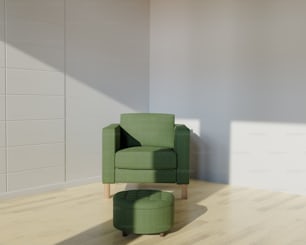a green chair and ottoman in a white room