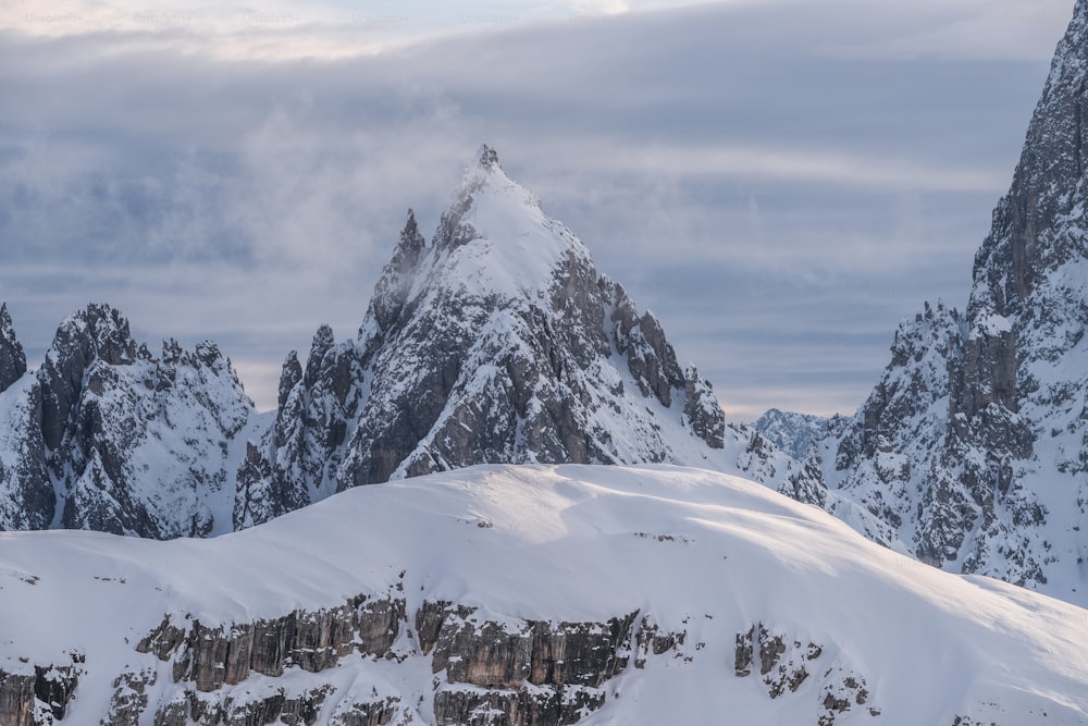 a mountain range covered in snow under a cloudy sky