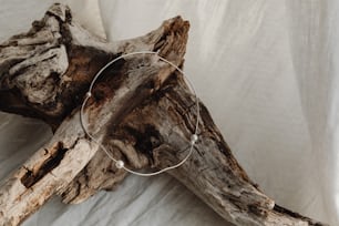 a close up of a piece of wood with a bracelet on it