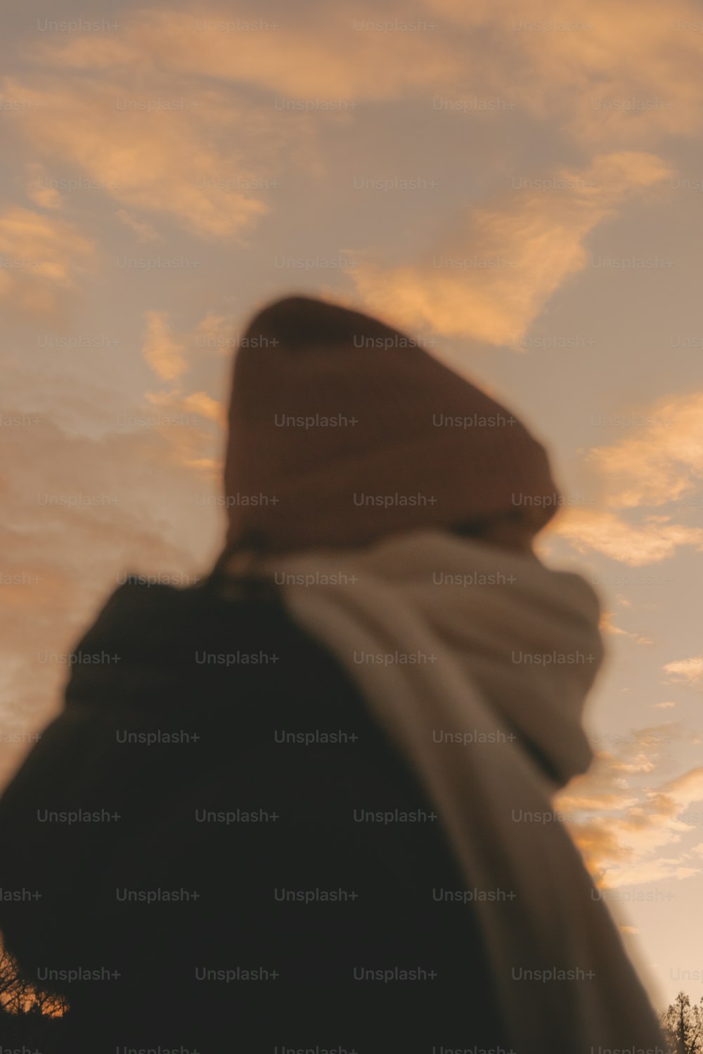 Una persona con sombrero y bufanda mirando al cielo