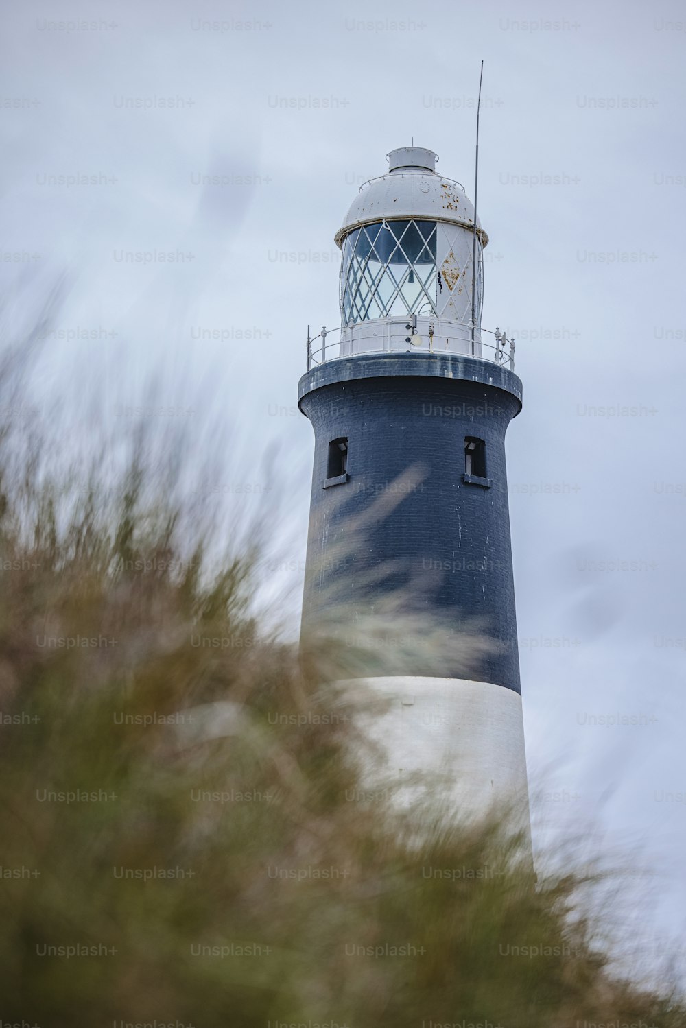 a black and white light house surrounded by trees