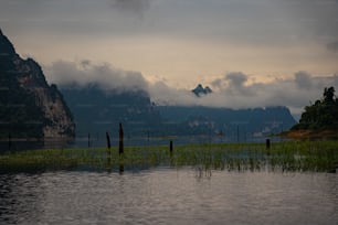 Un plan d’eau avec des montagnes en arrière-plan