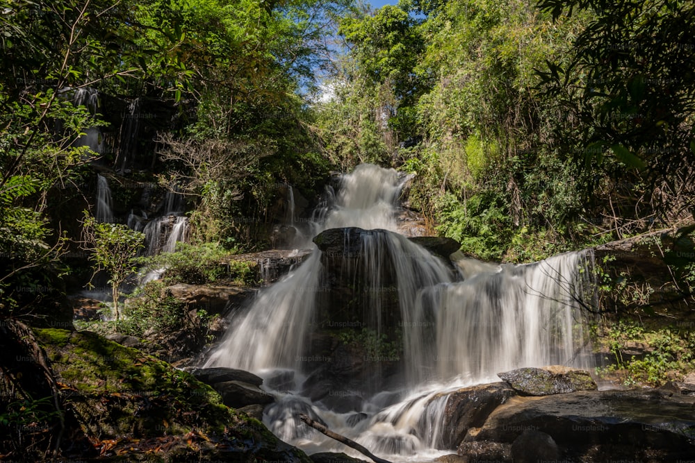 a small waterfall in the middle of a forest