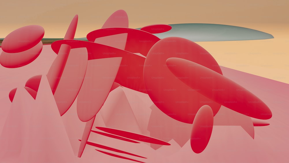 a red abstract painting with a surfboard in the background