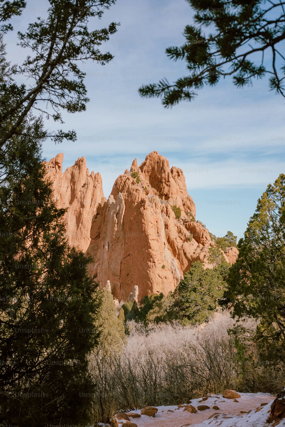 uma vista de uma montanha rochosa com árvores em primeiro plano