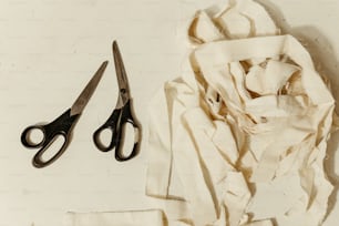 a pair of scissors sitting on top of a piece of cloth