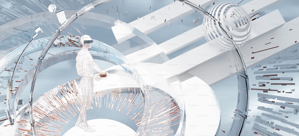 uma pessoa em pé na frente de uma estrutura futurista