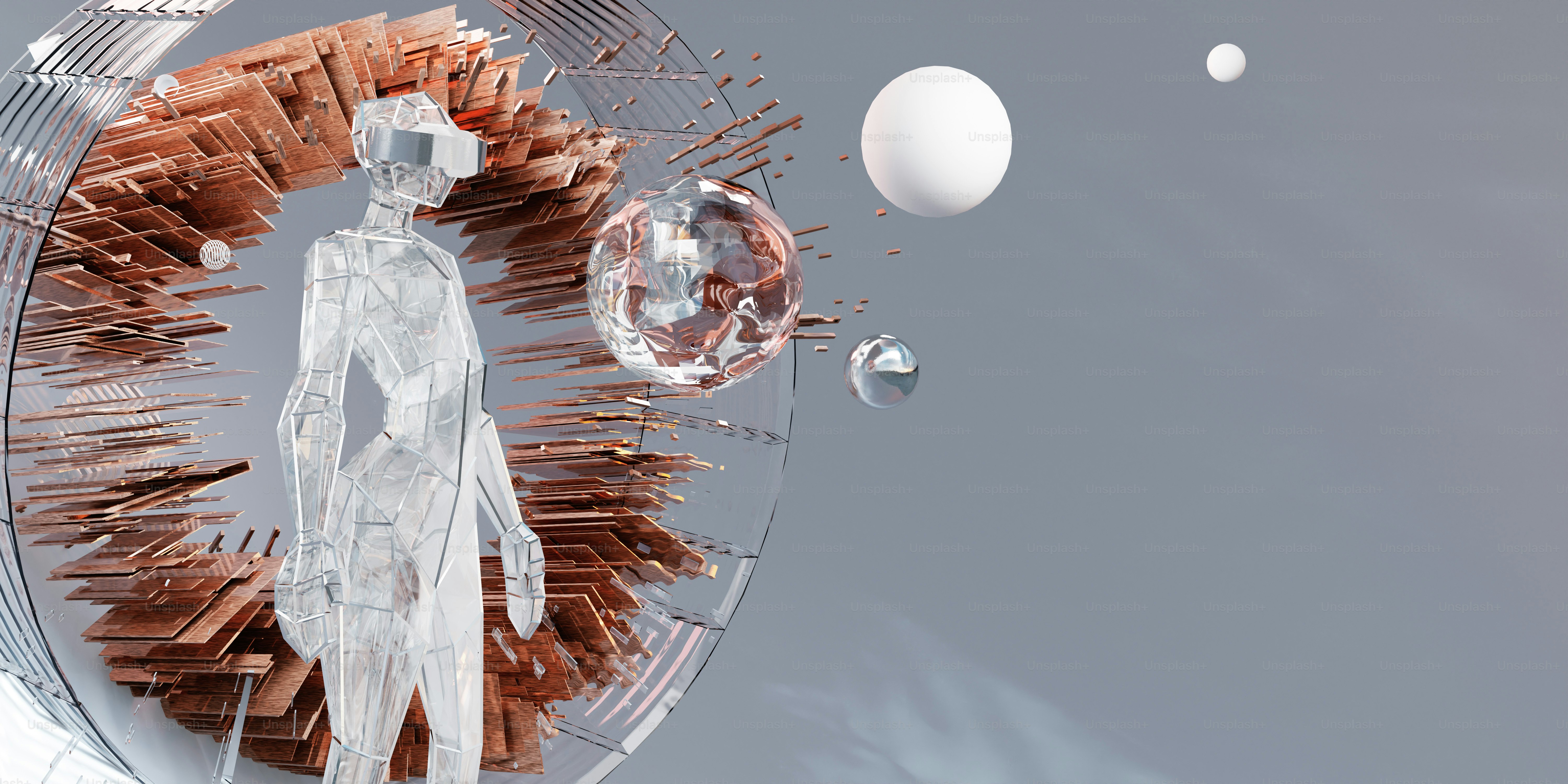 他のオブジェクトに囲まれた男の彫刻