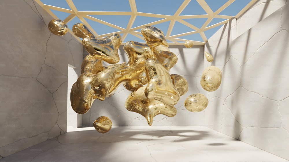 a group of gold objects hanging from a ceiling