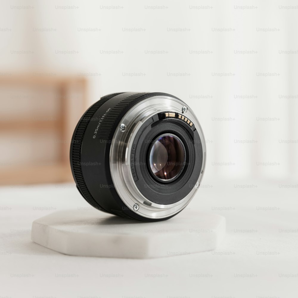 a close up of a camera lens on a table