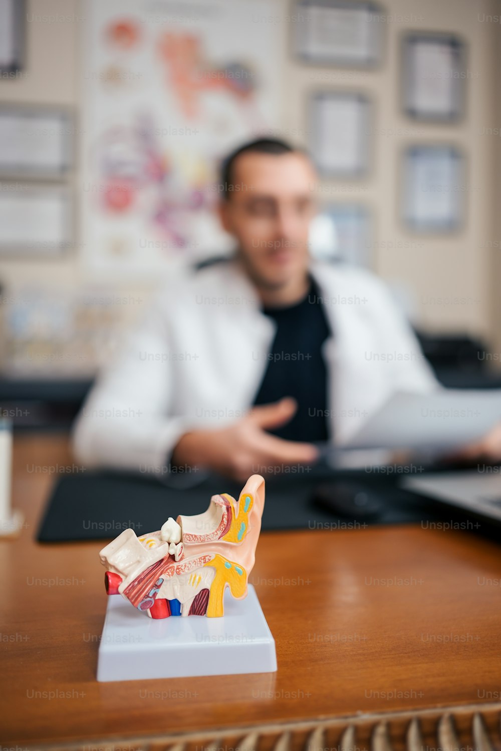 a man sitting at a desk with a model of a human foot