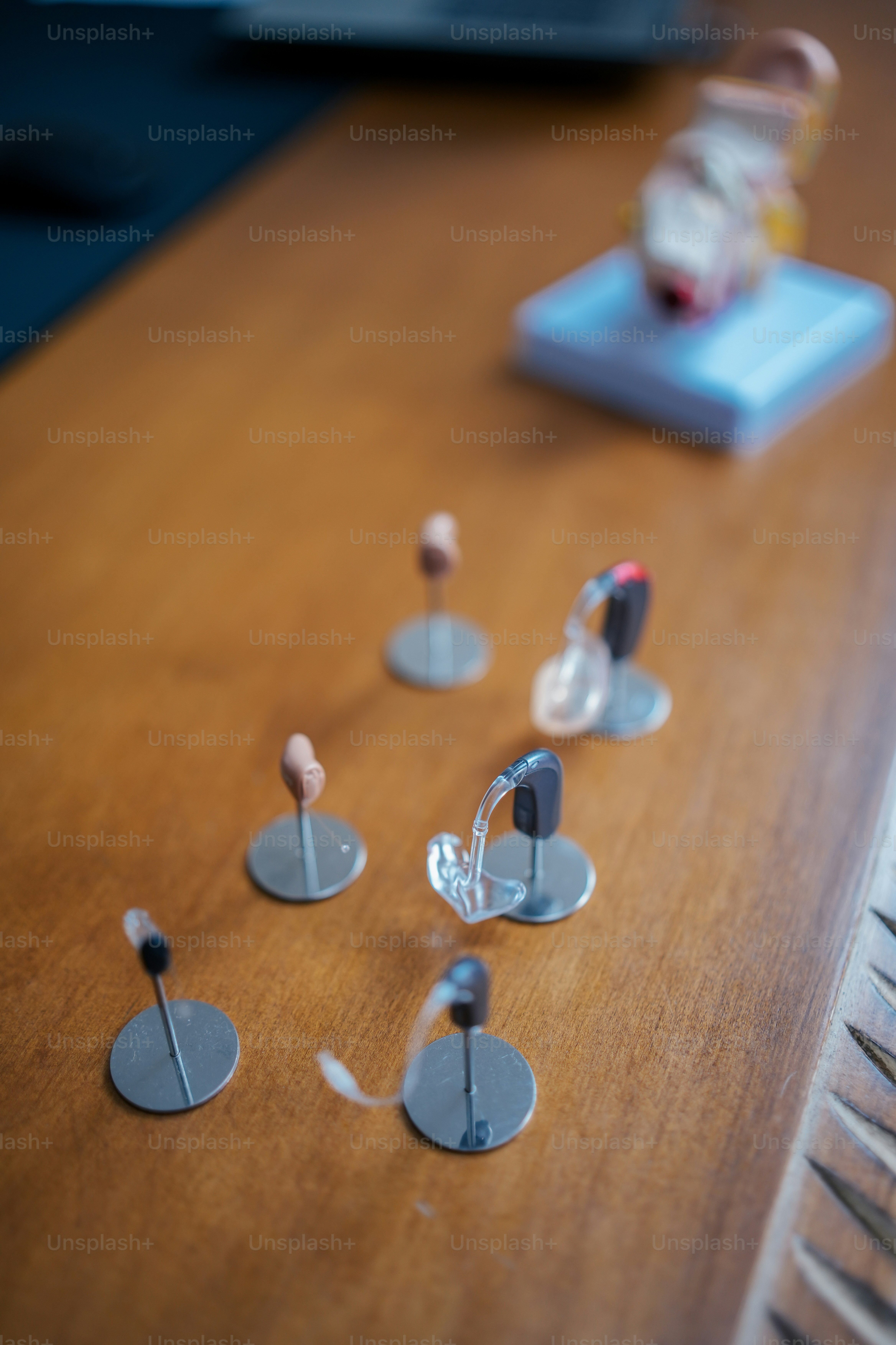 a wooden table topped with lots of different items