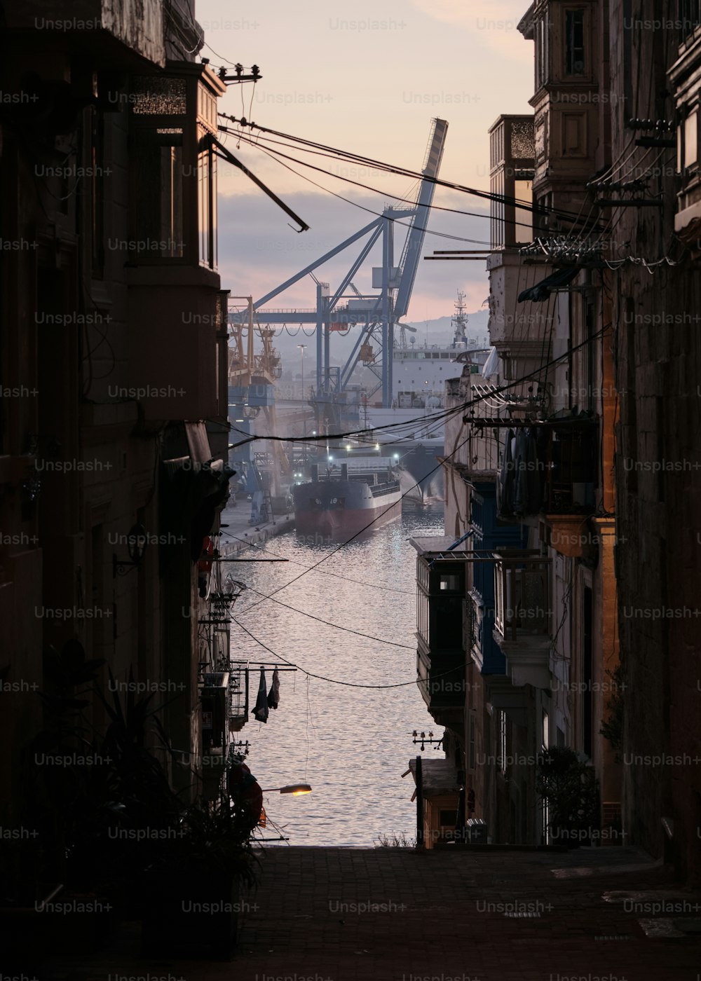 a view of a waterway with a large ship in the distance