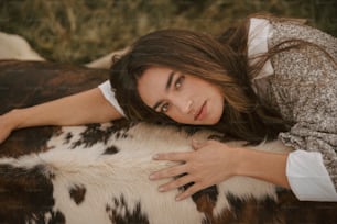 a woman laying on top of a brown and white cow