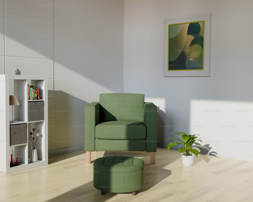 a living room with a green chair and ottoman