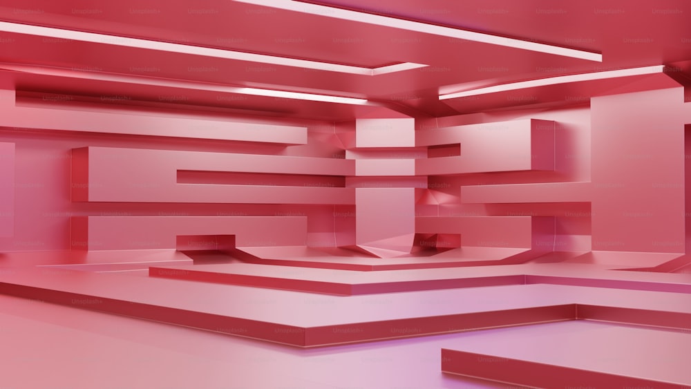 Ein Raum mit einem roten und rosa Farbschema