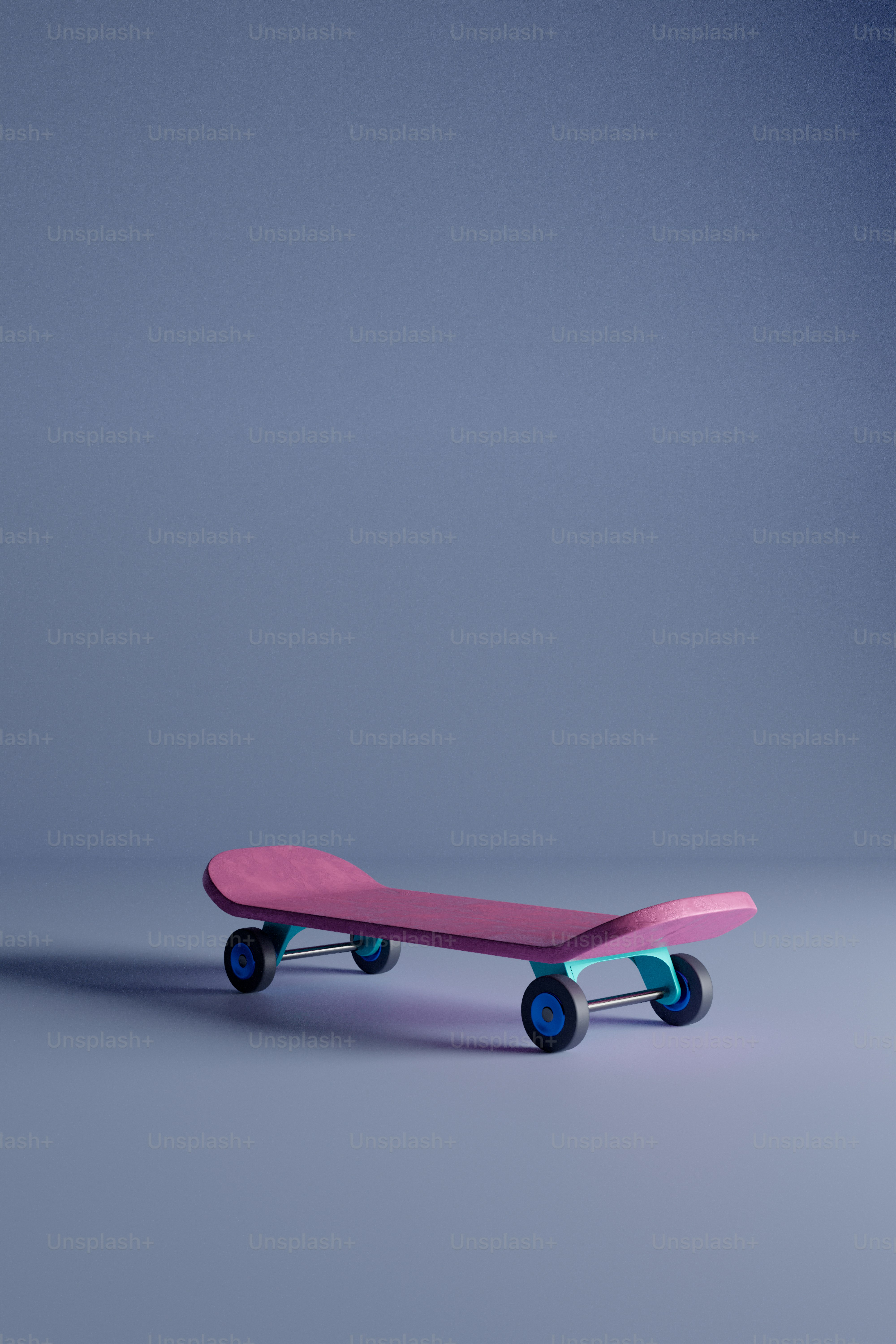 un skateboard rose avec des roues bleues sur fond gris