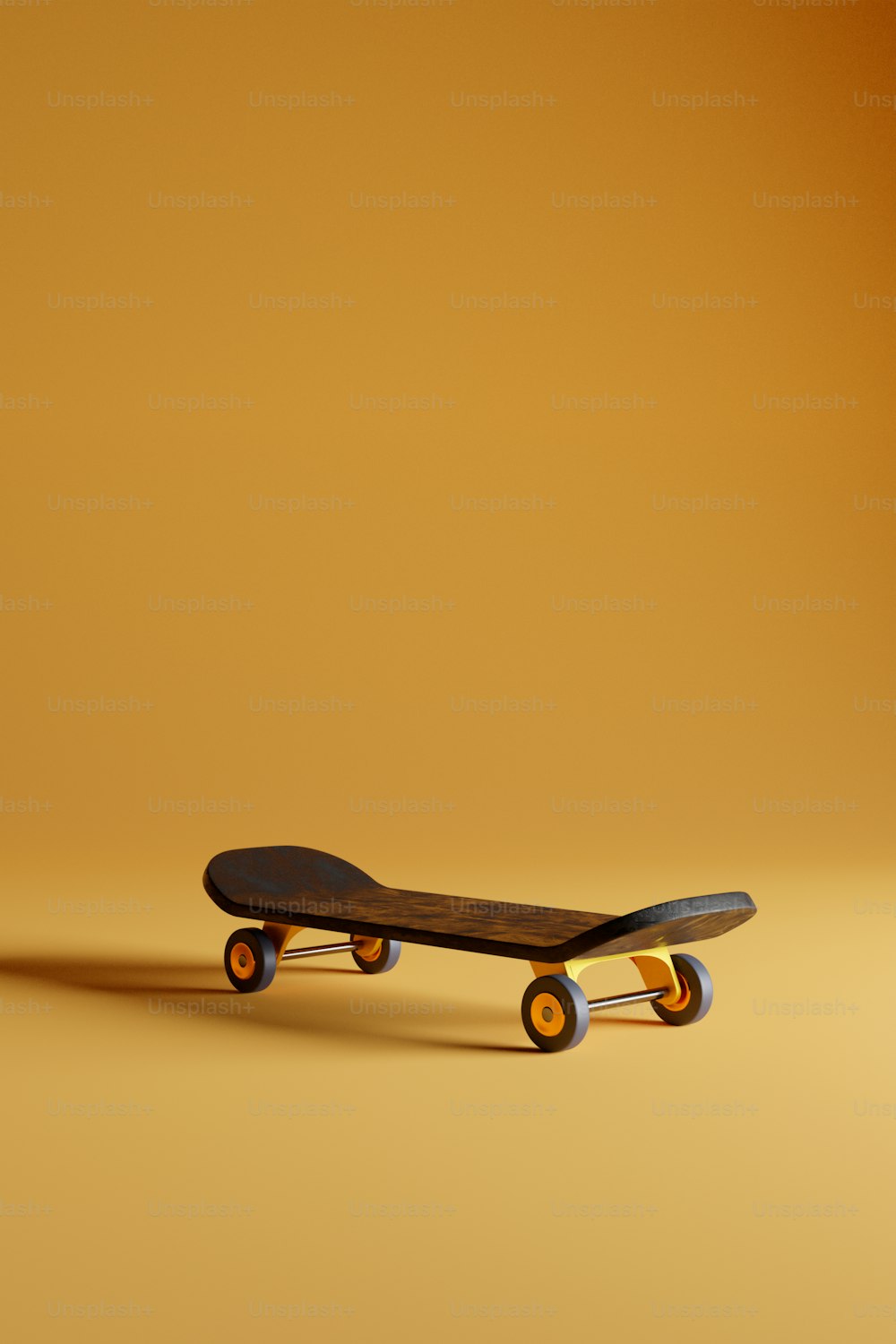 a skateboard sitting on top of a yellow floor