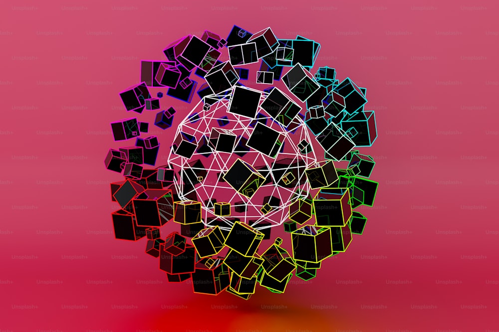 a ball of cubes on a pink background