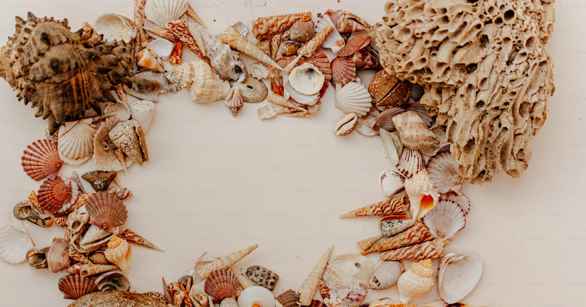 A circle of sea shells on a white surface photo – Sea shells Image on ...