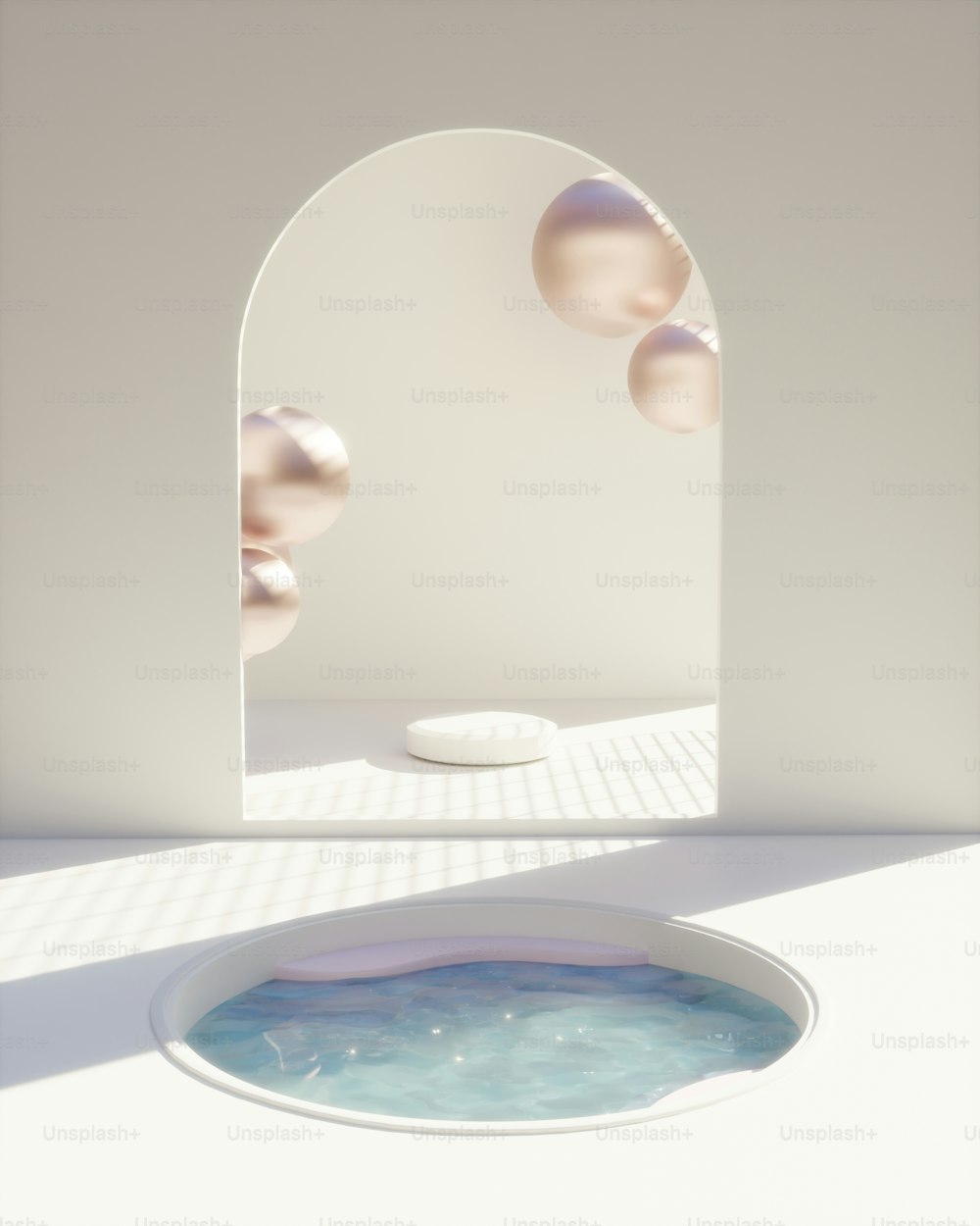 une chambre blanche avec une piscine d’eau