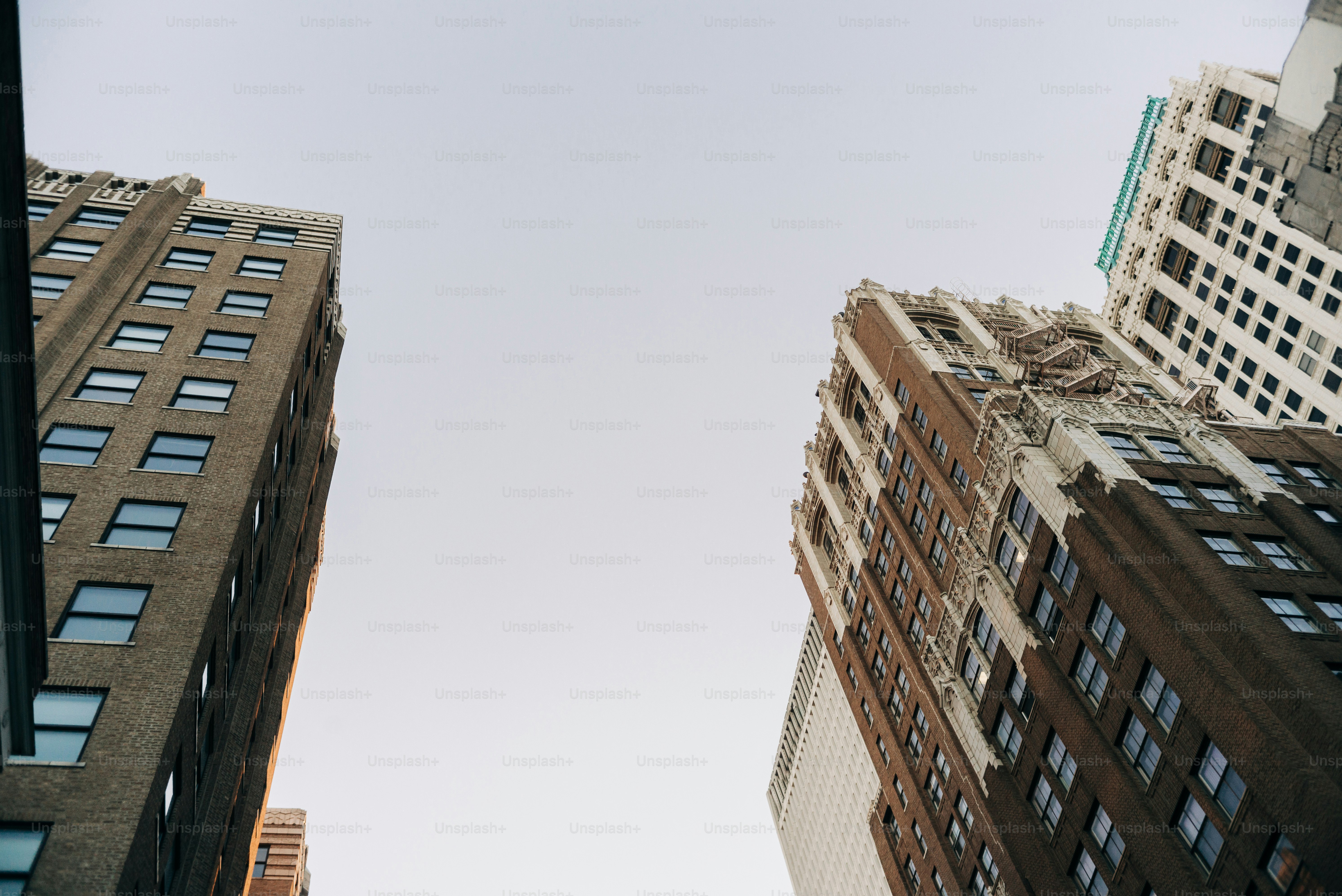 looking up at tall buildings in a city