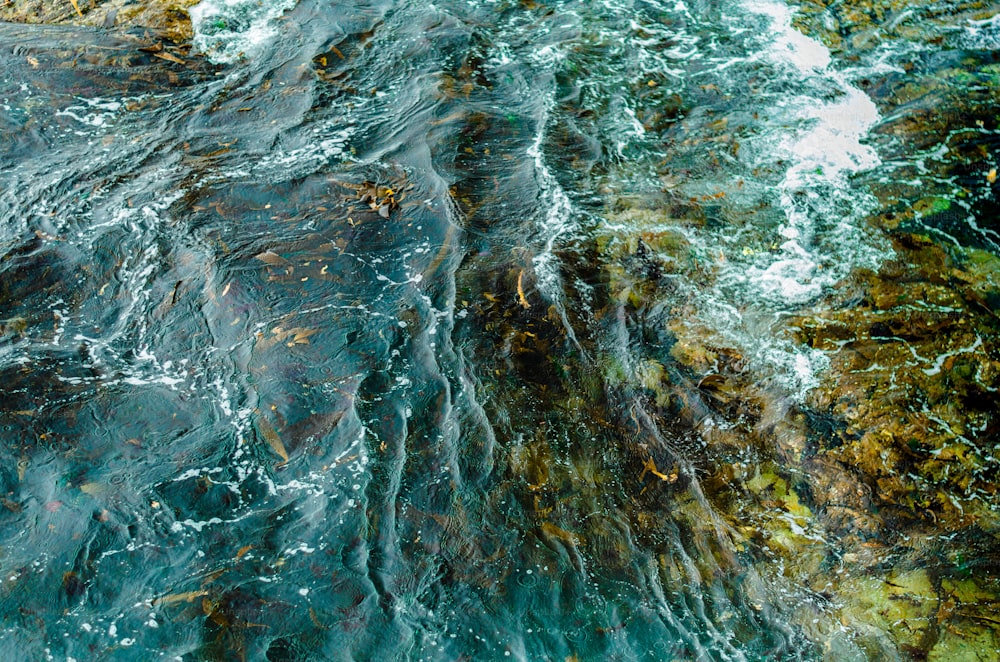 a close up of a wave on a rock