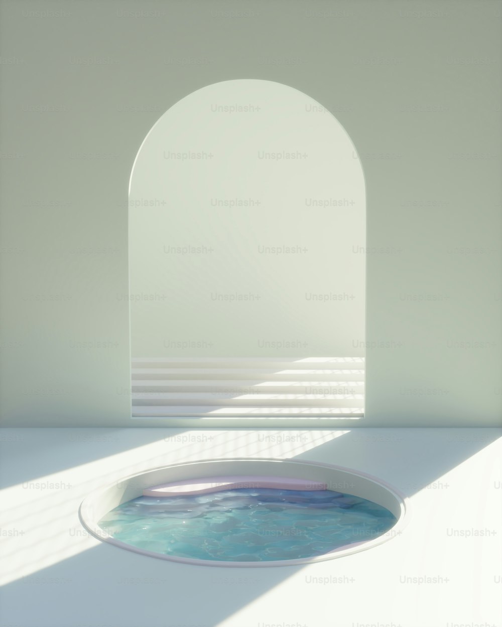 a white room with a round window and a blue tub
