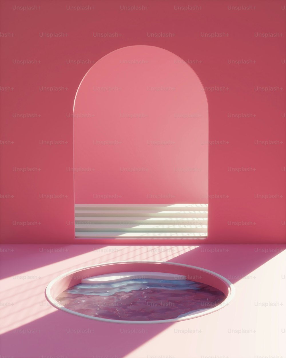 a pink room with a round window and a pink wall