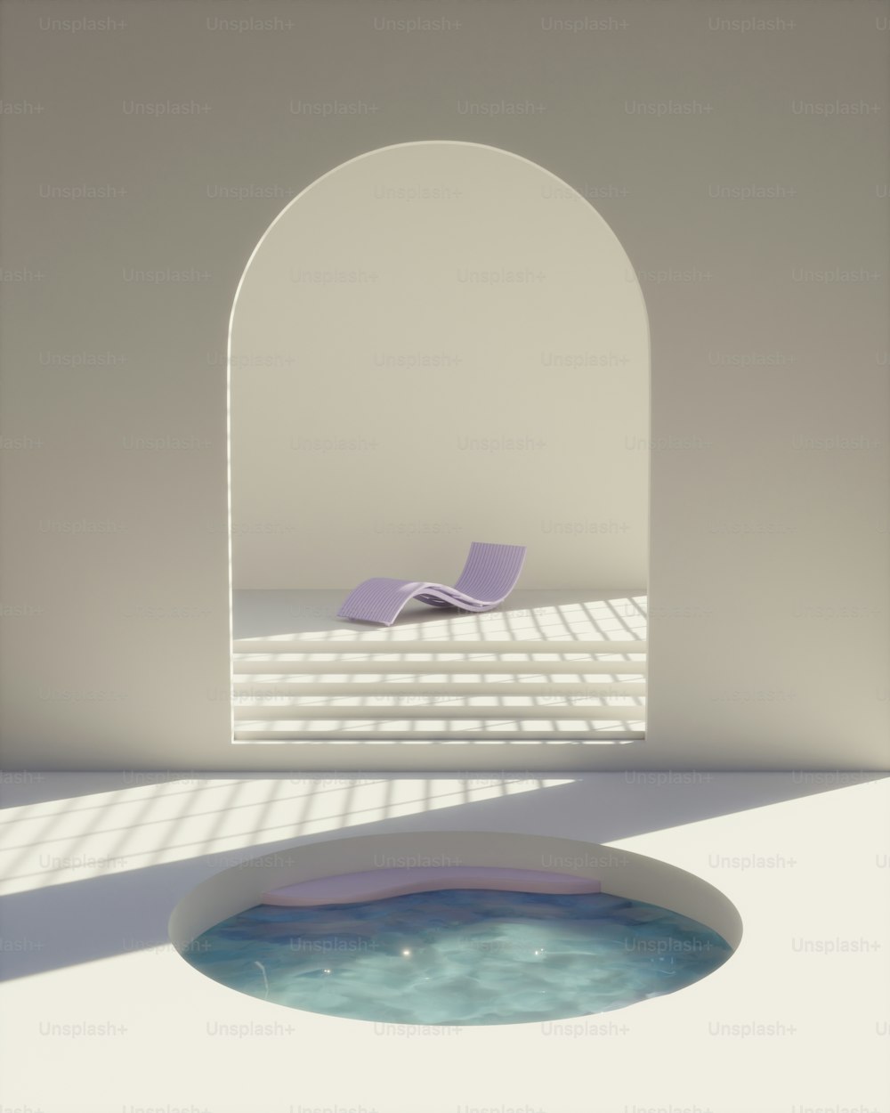une chambre blanche avec une chaise violette au milieu