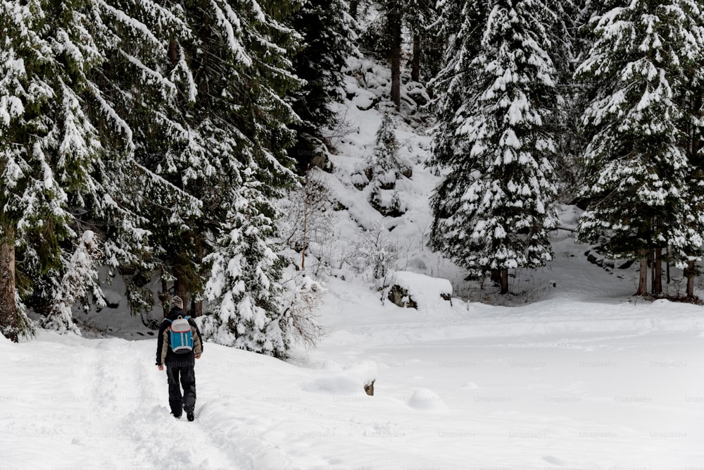 Eine Person, die mit einem Rucksack im Schnee spazieren geht