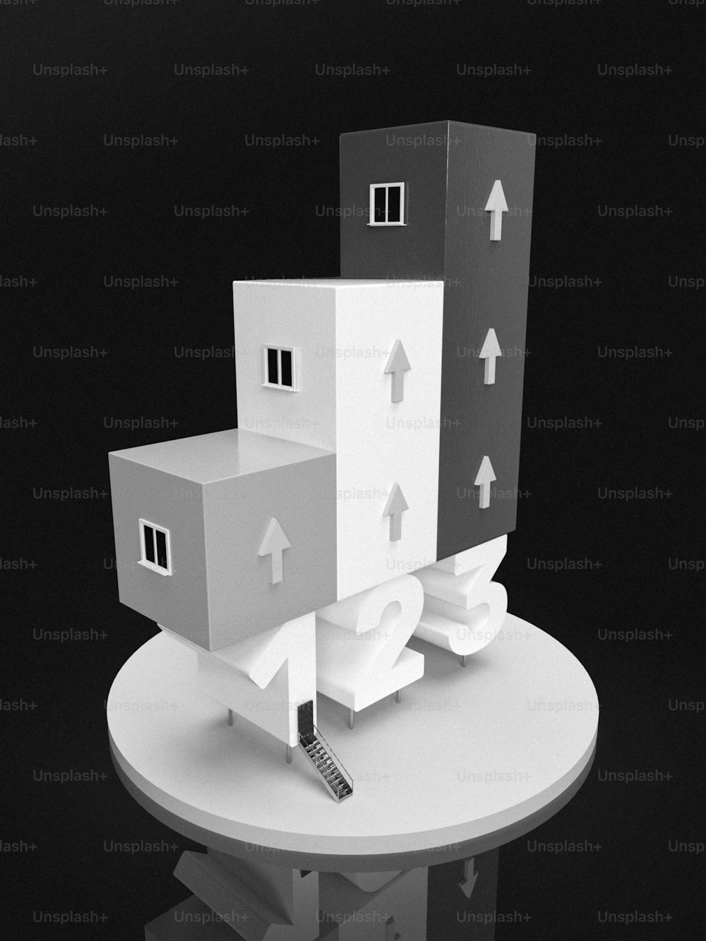 a black and white photo of a model of a house
