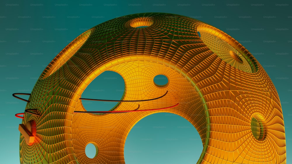 a large yellow sculpture with circles and circles on it