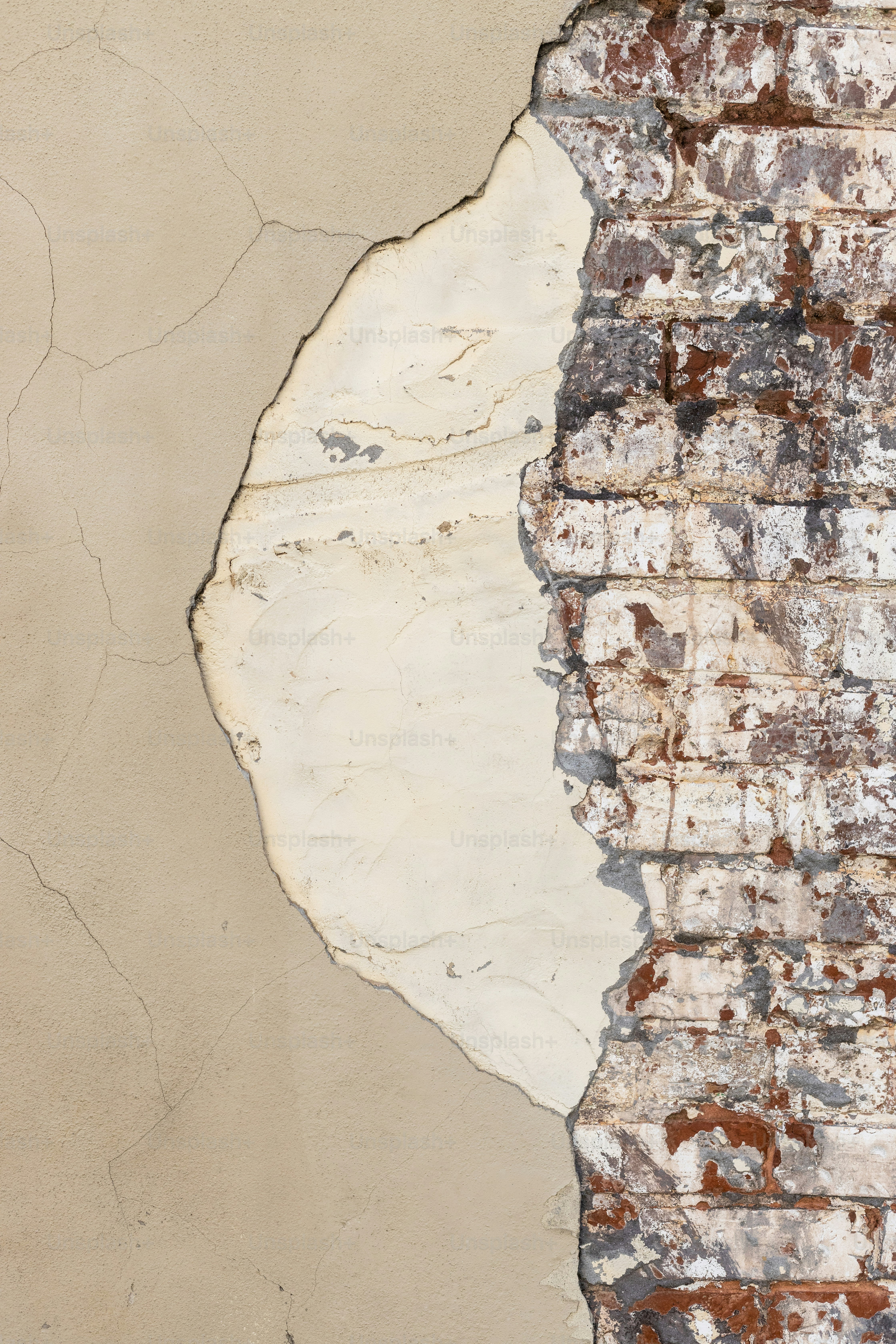 an old brick wall with peeling paint on it