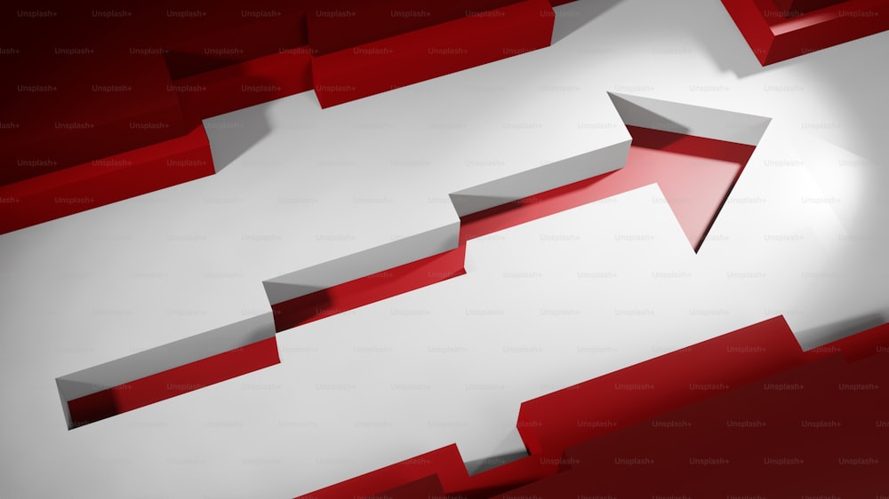 a red and white abstract background with a red arrow