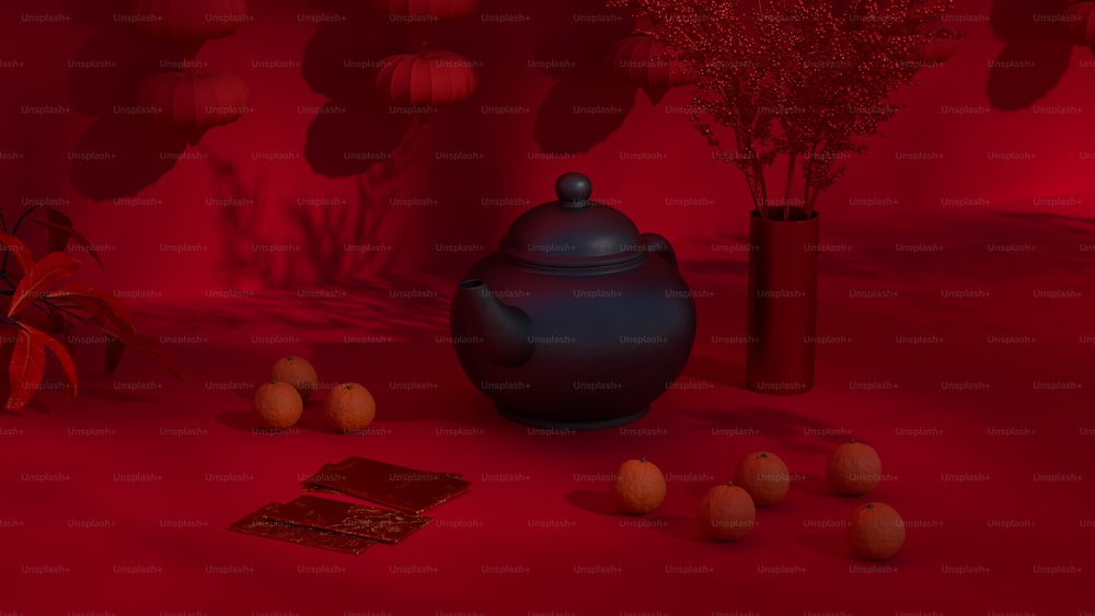 uma sala vermelha com um bule, vaso e laranjas