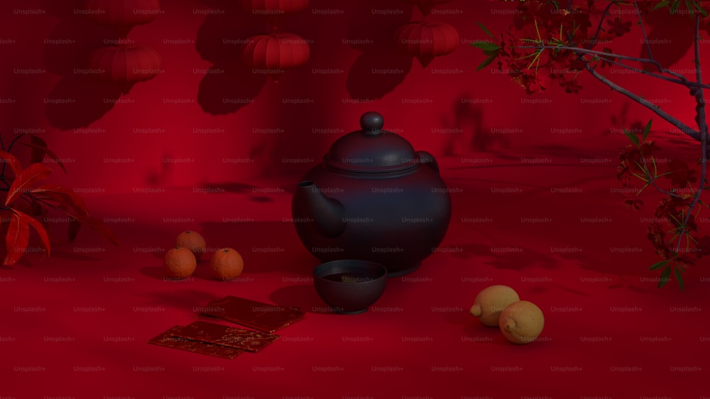 um bule de chá preto sentado em cima de um chão vermelho