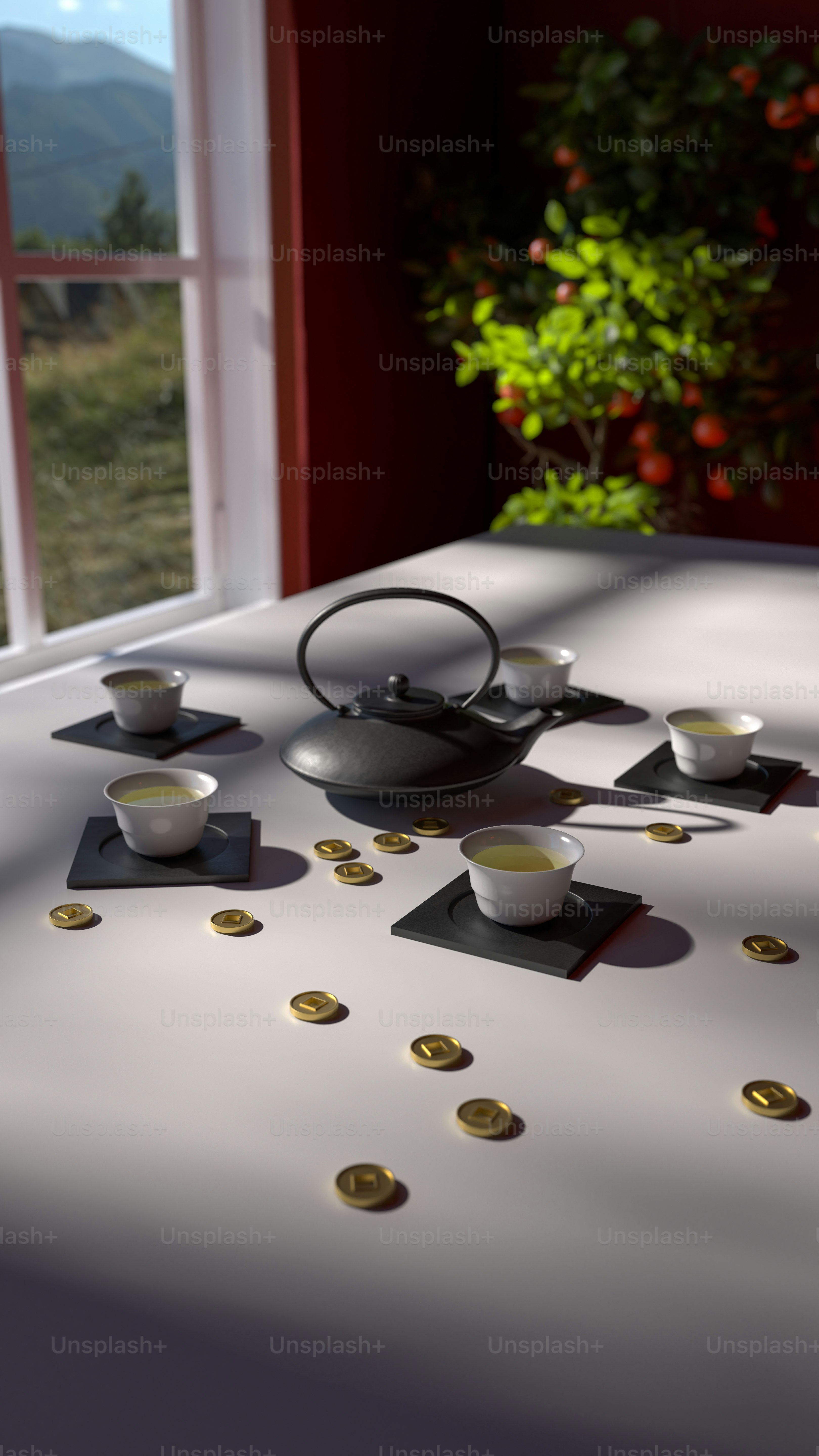 a white table topped with bowls and cups