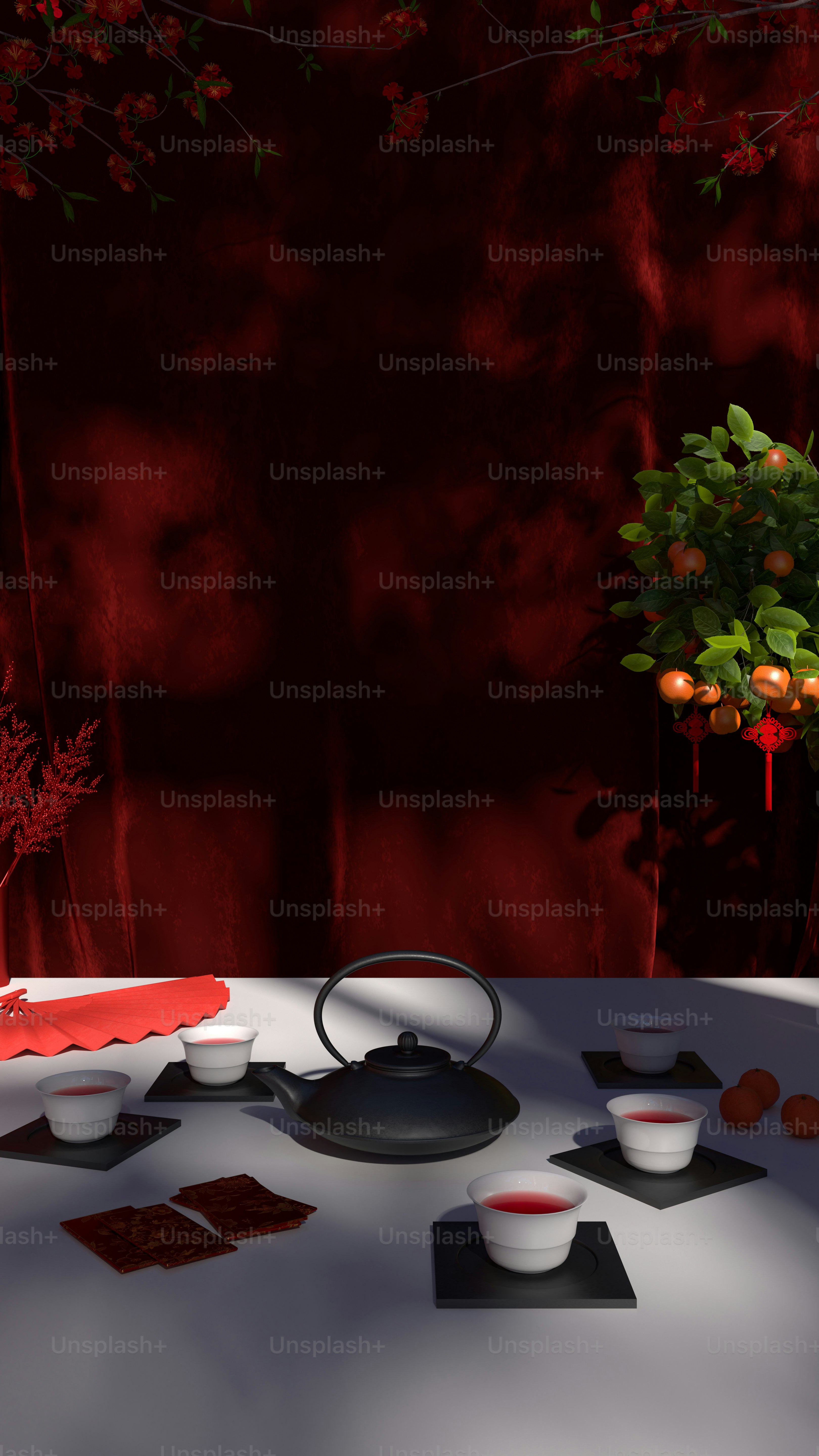 a table topped with bowls of food and a vase filled with oranges