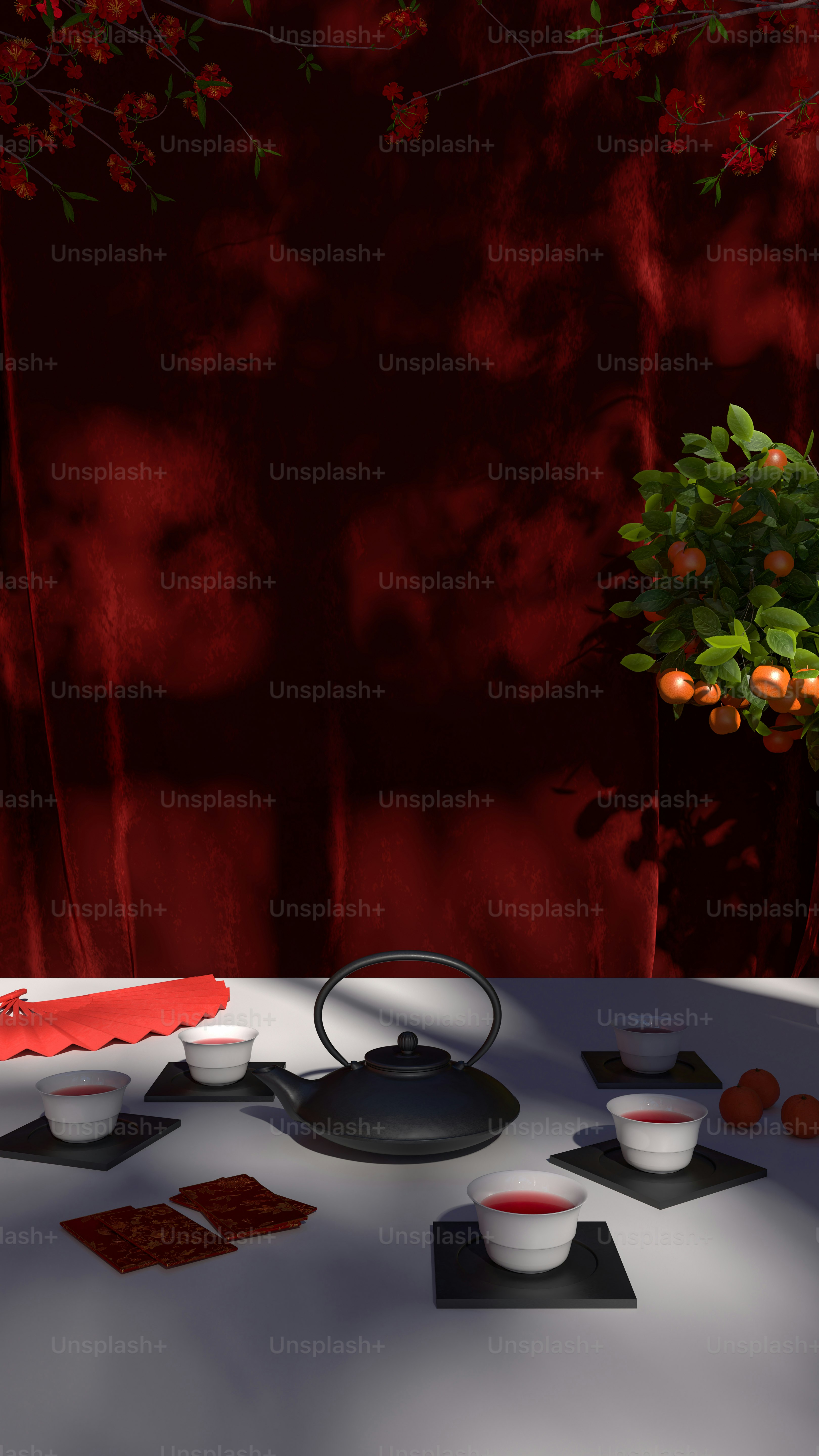 a table topped with bowls of food next to a vase filled with oranges