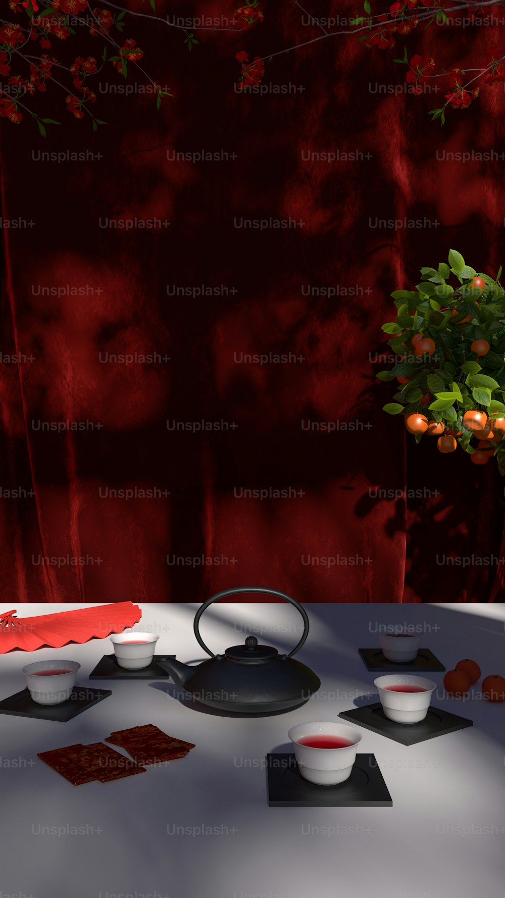 une table surmontée de bols de nourriture à côté d’un vase rempli d’oranges