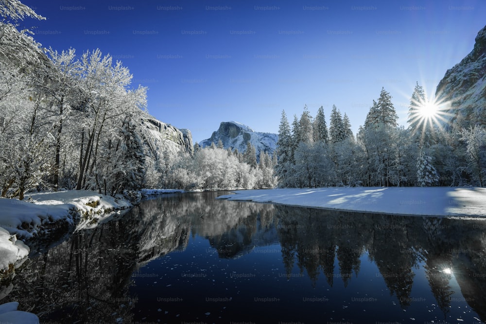 雪に覆われた木々や山々に囲まれた湖