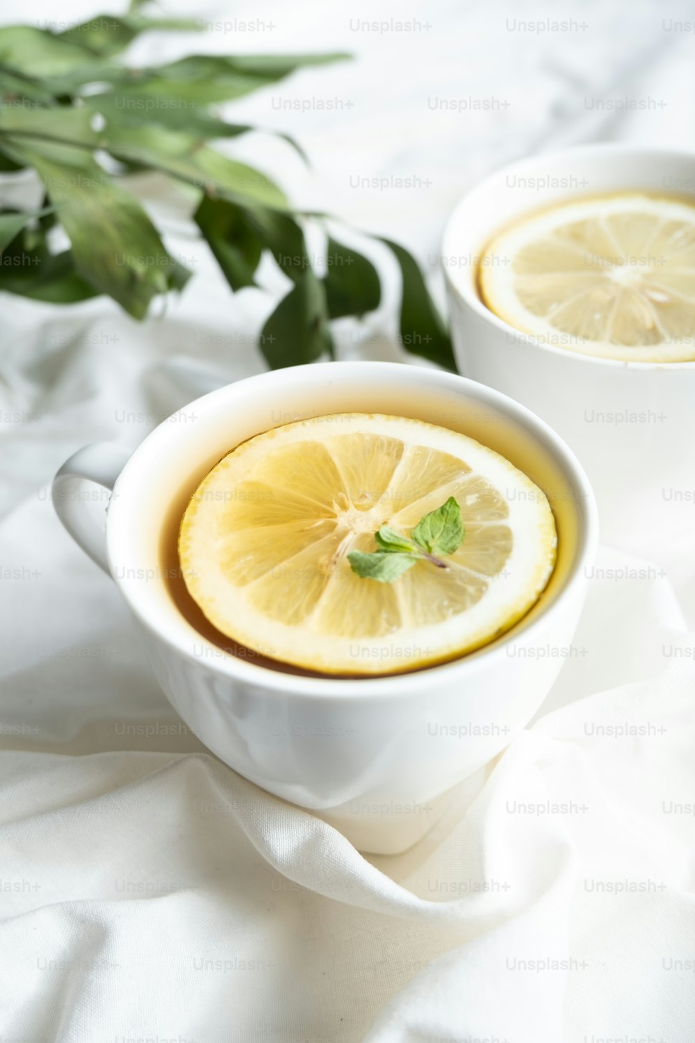zwei Tassen Tee mit Zitronenscheiben darin