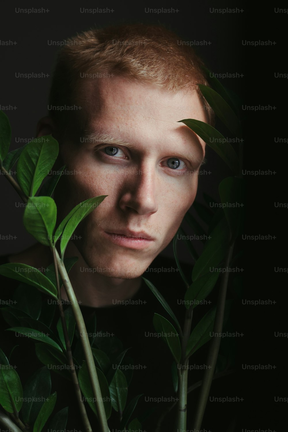 um homem com uma planta na frente de seu rosto