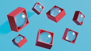 파란색 표면 위에 있는 빨간색 상자 그룹