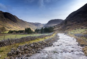 a river running through a lush green valley