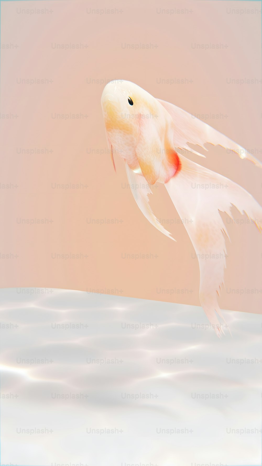 un pez dorado en vuelo con un fondo rosa