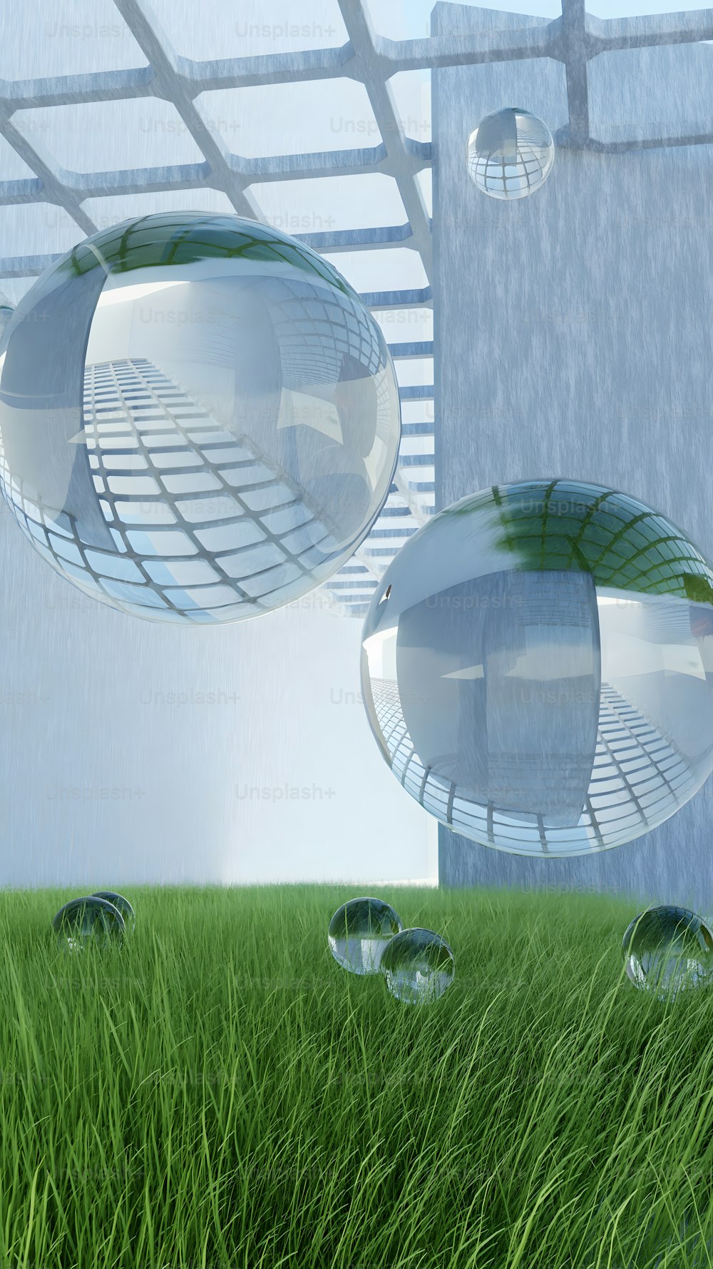 Un gruppo di sfere di vetro che galleggiano su un rigoglioso campo verde