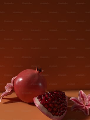 a pomegranate and a flower on a table