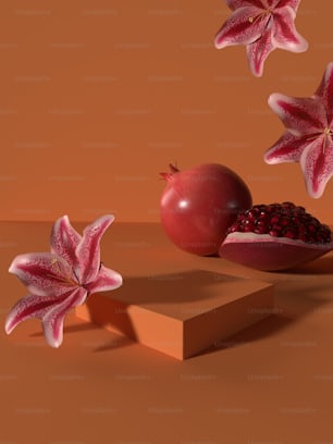 a pomegranate and two pieces of fruit on a table
